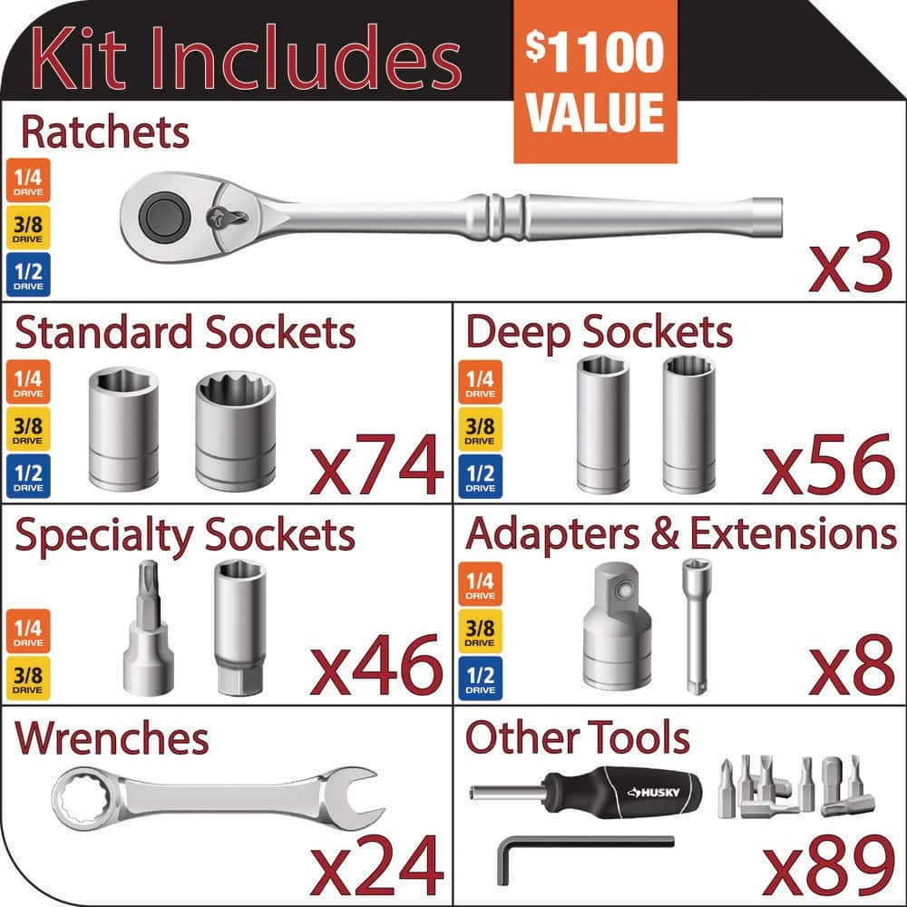 Husky 1/4 In., 3/8 In. And 1/2 In. Drive Mechanics Tool Set (300-Piece) 2 Husky 1/4 In., 3/8 In. And 1/2 In. Drive Mechanics Tool Set (300-Piece) - Image 2