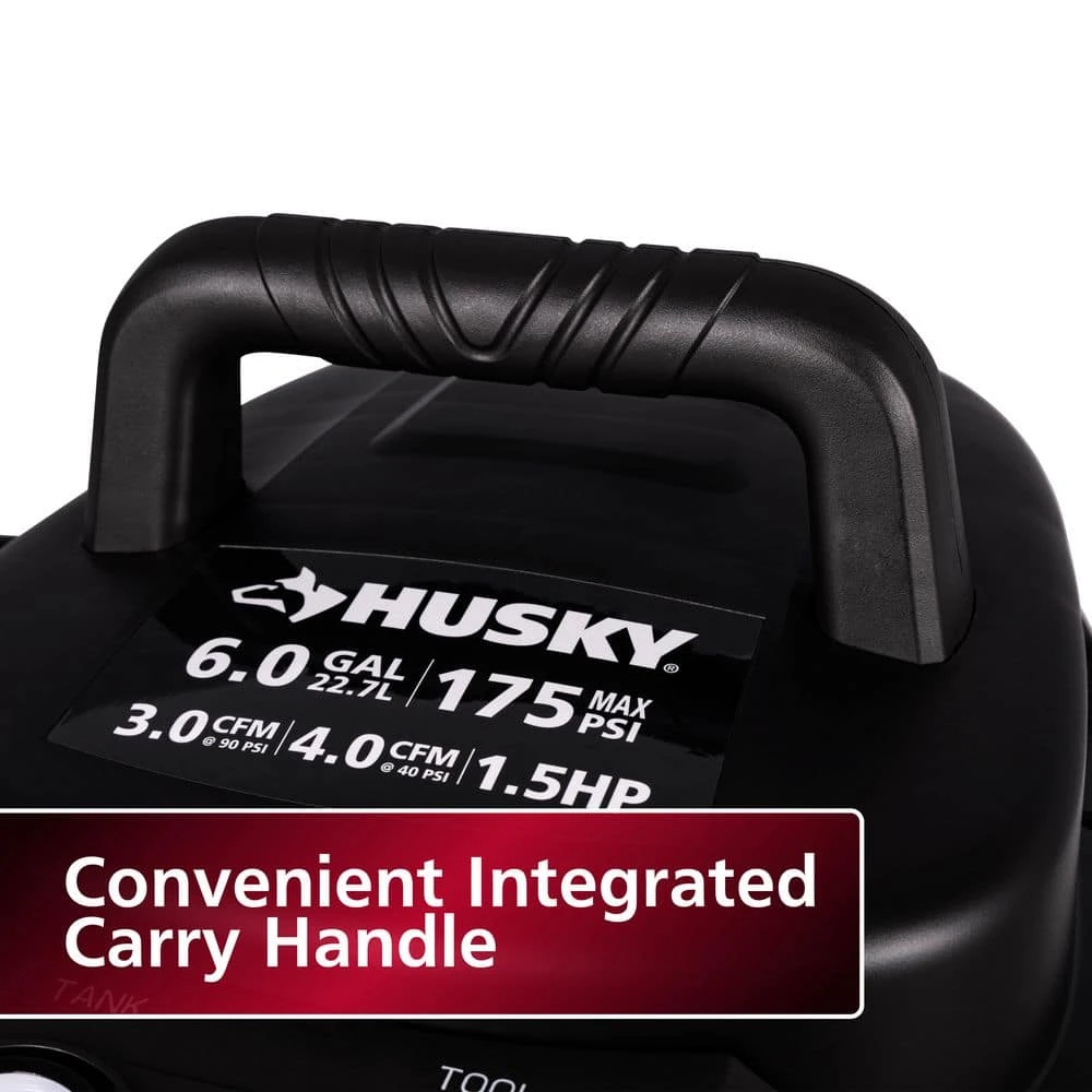 Husky 6 Gal. 175 PSI Electric Oil-Free High Performance Jobsite Pancake Air Compressor With Dual Gauges And 2-Quick Couplers 6 Husky 6 Gal. 175 PSI Electric Oil-Free High Performance Jobsite Pancake Air Compressor With Dual Gauges And 2-Quick Couplers - Image 6