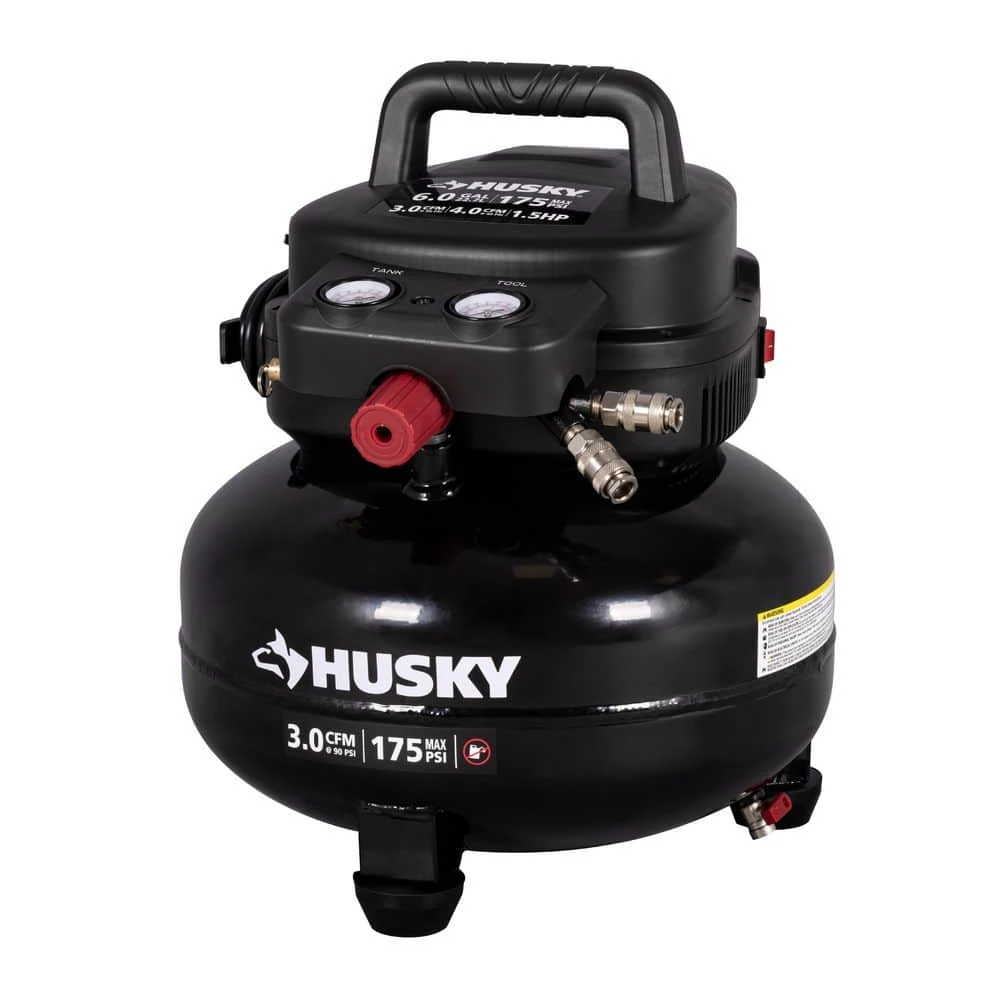 Husky 6 Gal. 175 PSI Electric Oil-Free High Performance Jobsite Pancake Air Compressor With Dual Gauges And 2-Quick Couplers 1 Husky 6 Gal. 175 PSI Electric Oil-Free High Performance Jobsite Pancake Air Compressor With Dual Gauges And 2-Quick Couplers