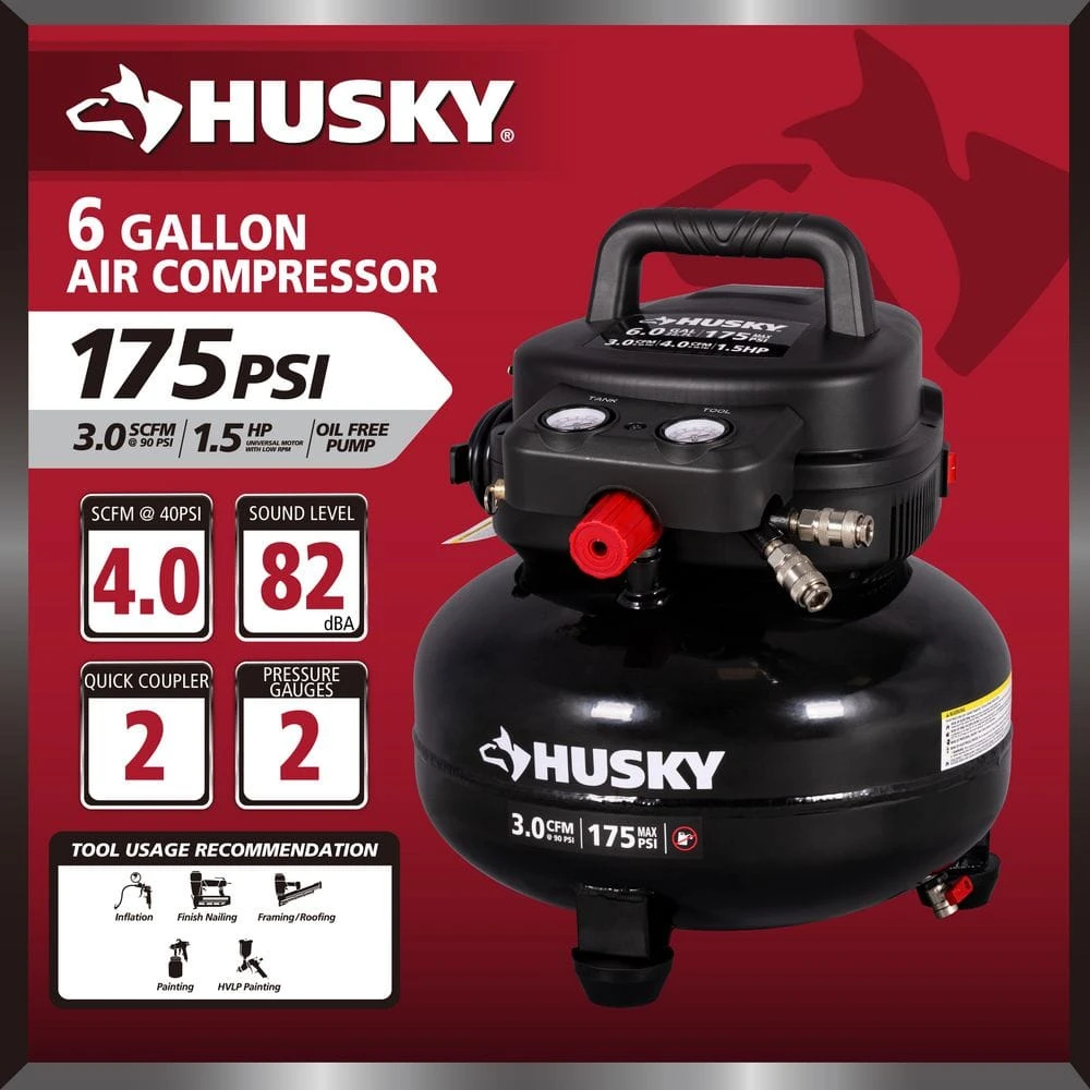 Husky 6 Gal. 175 PSI Electric Oil-Free High Performance Jobsite Pancake Air Compressor With Dual Gauges And 2-Quick Couplers 4 Husky 6 Gal. 175 PSI Electric Oil-Free High Performance Jobsite Pancake Air Compressor With Dual Gauges And 2-Quick Couplers - Image 4