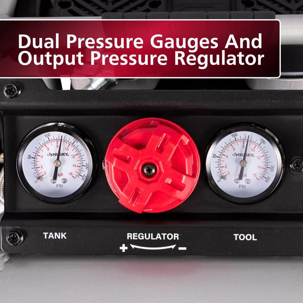 Husky 1 Gal. 135 PSI Portable Electric Oil-Free Quiet Jobsite Air Compressor With Dual Pressure Gauges And 1-Quick Coupler 9 Husky 1 Gal. 135 PSI Portable Electric Oil-Free Quiet Jobsite Air Compressor With Dual Pressure Gauges And 1-Quick Coupler - Image 9