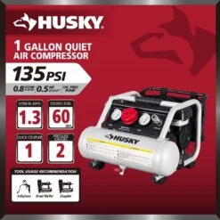 Husky 1 Gal. 135 PSI Portable Electric Oil-Free Quiet Jobsite Air Compressor With Dual Pressure Gauges And 1-Quick Coupler 16 Husky 1 Gal. 135 PSI Portable Electric Oil-Free Quiet Jobsite Air Compressor With Dual Pressure Gauges And 1-Quick Coupler -Husky Shop husky portable air compressors 3300113 a0 1000