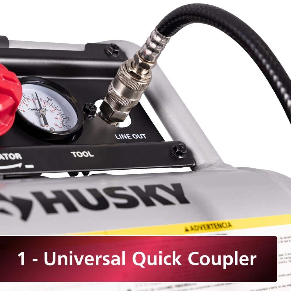 Husky 1 Gal. 135 PSI Portable Electric Oil-Free Quiet Jobsite Air Compressor With Dual Pressure Gauges And 1-Quick Coupler 7 Husky 1 Gal. 135 PSI Portable Electric Oil-Free Quiet Jobsite Air Compressor With Dual Pressure Gauges And 1-Quick Coupler - Image 7