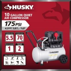 Husky 10 Gal. 175 PSI Electric Oil-Free Quiet Auto/Workshop Hotdog Air Compressor With Dual Gauges And 1-Quick Coupler -Husky Shop husky portable air compressors 3301042 a0 1000