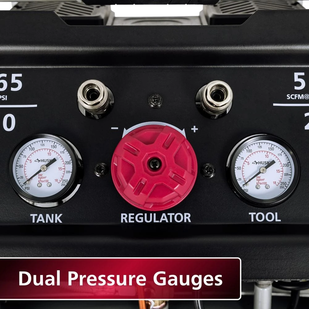 Husky 27 Gal.165 PSI Vertical Electric Oil-Free Quiet Auto/Workshop Air Compressor With Dual Gauges And 2-Quick Couplers 10 Husky 27 Gal.165 PSI Vertical Electric Oil-Free Quiet Auto/Workshop Air Compressor With Dual Gauges And 2-Quick Couplers - Image 10