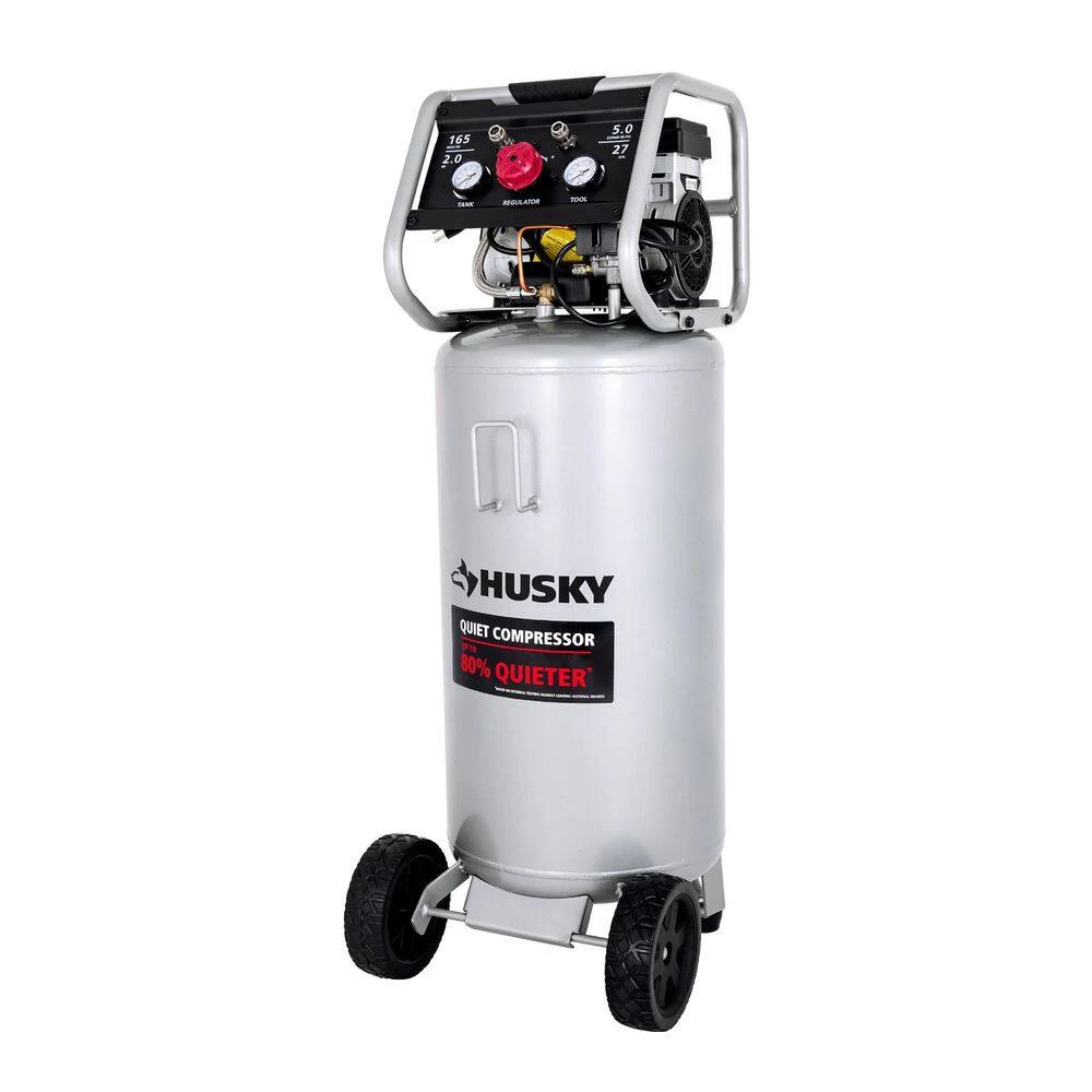 Husky 27 Gal.165 PSI Vertical Electric Oil-Free Quiet Auto/Workshop Air Compressor With Dual Gauges And 2-Quick Couplers 1 Husky 27 Gal.165 PSI Vertical Electric Oil-Free Quiet Auto/Workshop Air Compressor With Dual Gauges And 2-Quick Couplers