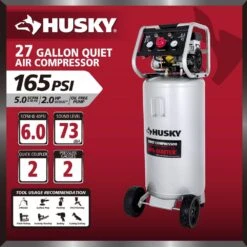 Husky 27 Gal.165 PSI Vertical Electric Oil-Free Quiet Auto/Workshop Air Compressor With Dual Gauges And 2-Quick Couplers 16 Husky 27 Gal.165 PSI Vertical Electric Oil-Free Quiet Auto/Workshop Air Compressor With Dual Gauges And 2-Quick Couplers -Husky Shop husky portable air compressors 3332741 a0 1000