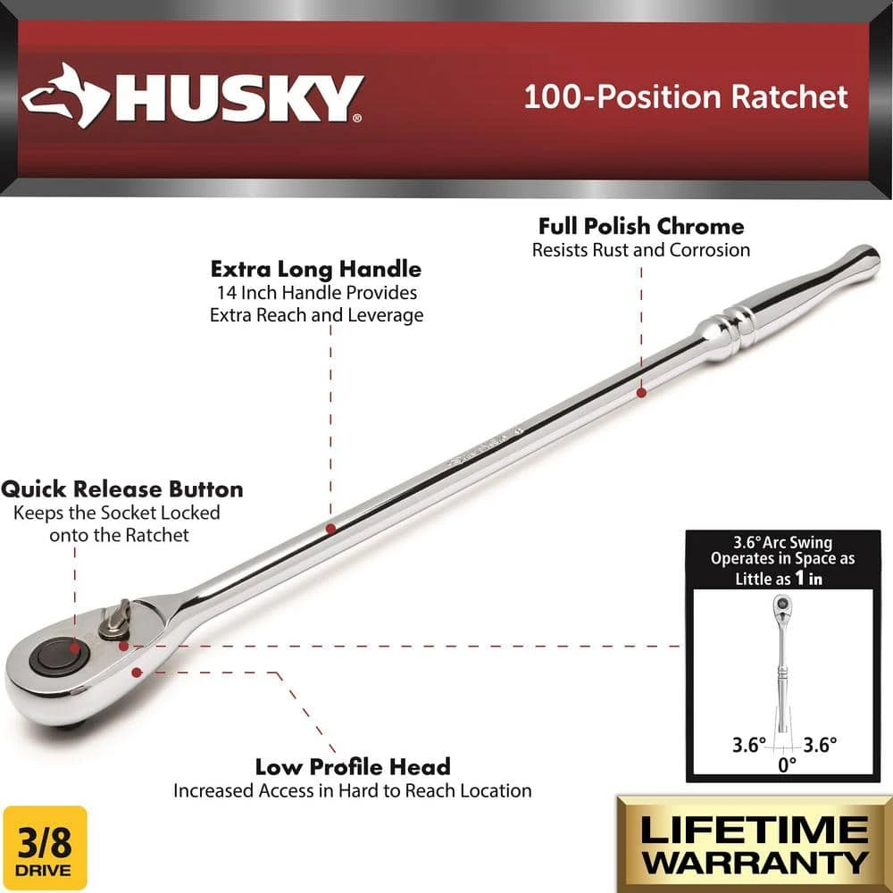 Husky 3/8 In. Drive 100-Position Chrome Extra Long Handle Ratchet 2 Husky 3/8 In. Drive 100-Position Chrome Extra Long Handle Ratchet - Image 2