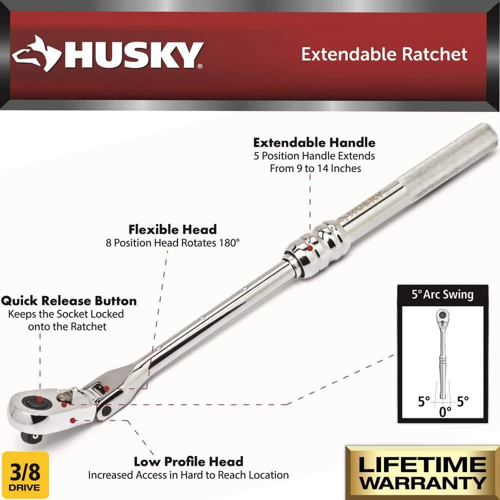 Husky 3/8 In. Flex-Head, Extendable Ratchet 2 Husky 3/8 In. Flex-Head, Extendable Ratchet - Image 2