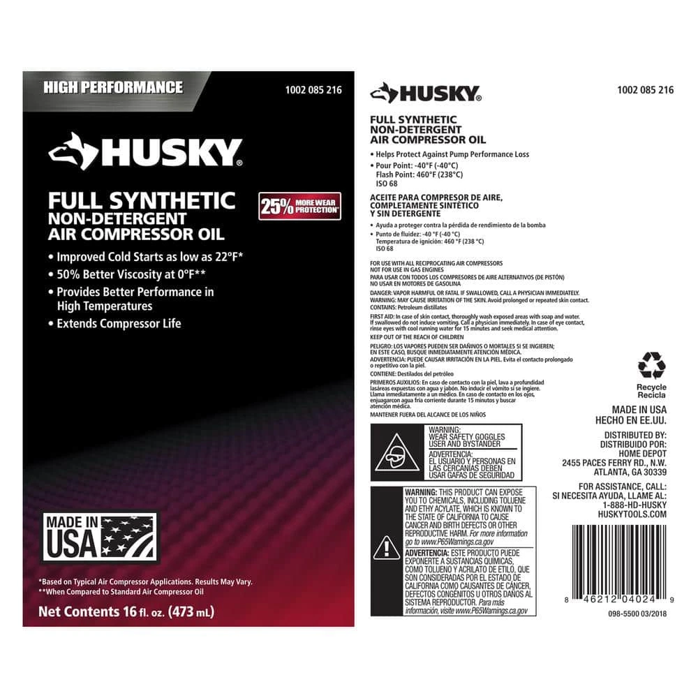 Husky 16 Oz. 100% Full Synthetic Compressor Oil 3 Husky 16 Oz. 100% Full Synthetic Compressor Oil - Image 3
