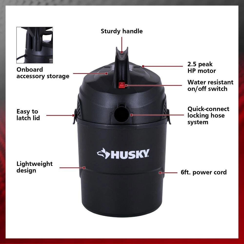 Husky 2.5 Gallon 3.0 Peak HP Wet Dry Vac Shop Vacuum With Locking Hose, Wet Filter, Dry Filter, Crevice And Gulper Nozzles 5 Husky 2.5 Gallon 3.0 Peak HP Wet Dry Vac Shop Vacuum With Locking Hose, Wet Filter, Dry Filter, Crevice And Gulper Nozzles - Image 5