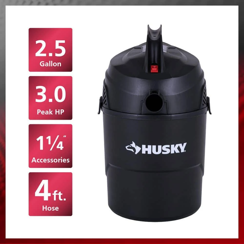 Husky 2.5 Gallon 3.0 Peak HP Wet Dry Vac Shop Vacuum With Locking Hose, Wet Filter, Dry Filter, Crevice And Gulper Nozzles 8 Husky 2.5 Gallon 3.0 Peak HP Wet Dry Vac Shop Vacuum With Locking Hose, Wet Filter, Dry Filter, Crevice And Gulper Nozzles - Image 8