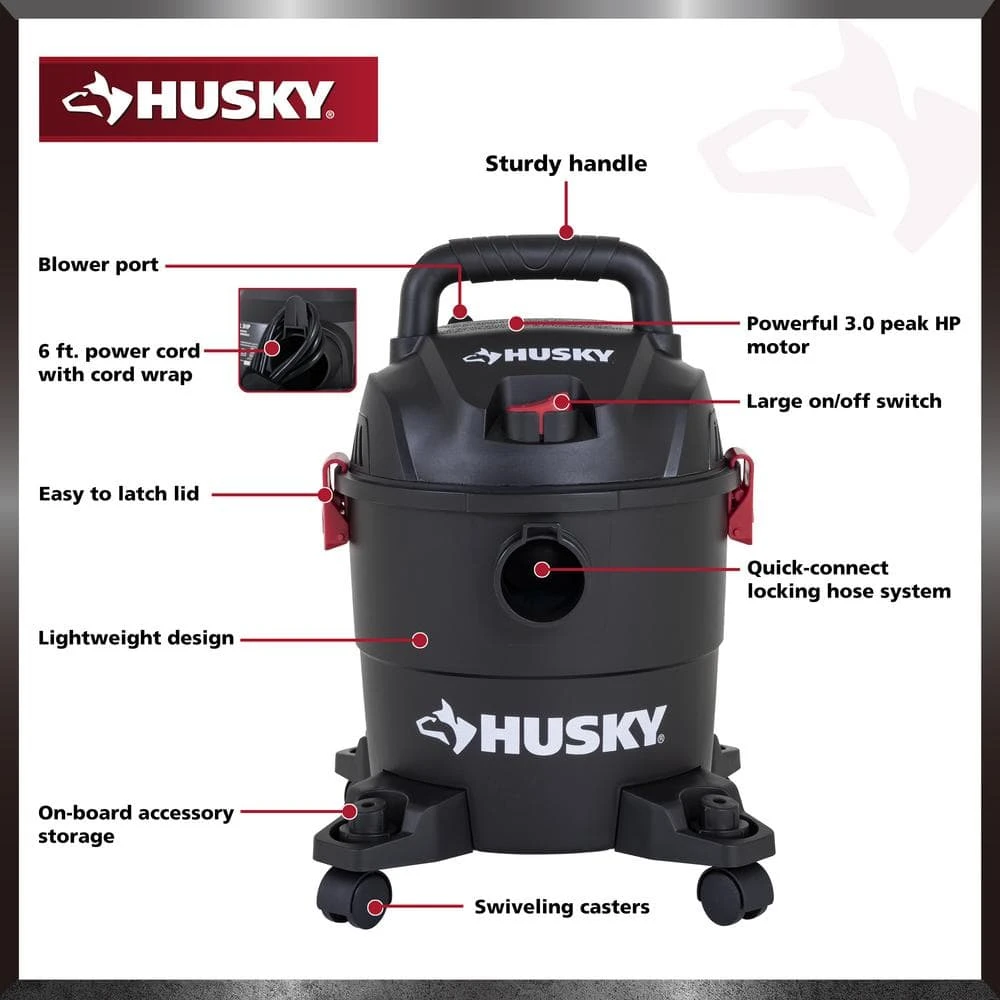 Husky 4 Gallon 3.0 Peak HP Wet Dry Vac Shop Vacuum With Locking Hose, Wands, Filters, Crevice, Gulper And Floor Nozzles 5 Husky 4 Gallon 3.0 Peak HP Wet Dry Vac Shop Vacuum With Locking Hose, Wands, Filters, Crevice, Gulper And Floor Nozzles - Image 5