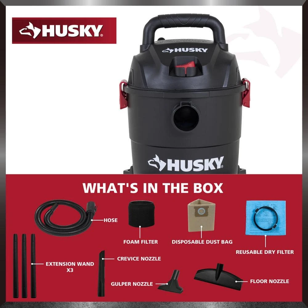 Husky 4 Gallon 3.0 Peak HP Wet Dry Vac Shop Vacuum With Locking Hose, Wands, Filters, Crevice, Gulper And Floor Nozzles 6 Husky 4 Gallon 3.0 Peak HP Wet Dry Vac Shop Vacuum With Locking Hose, Wands, Filters, Crevice, Gulper And Floor Nozzles - Image 6