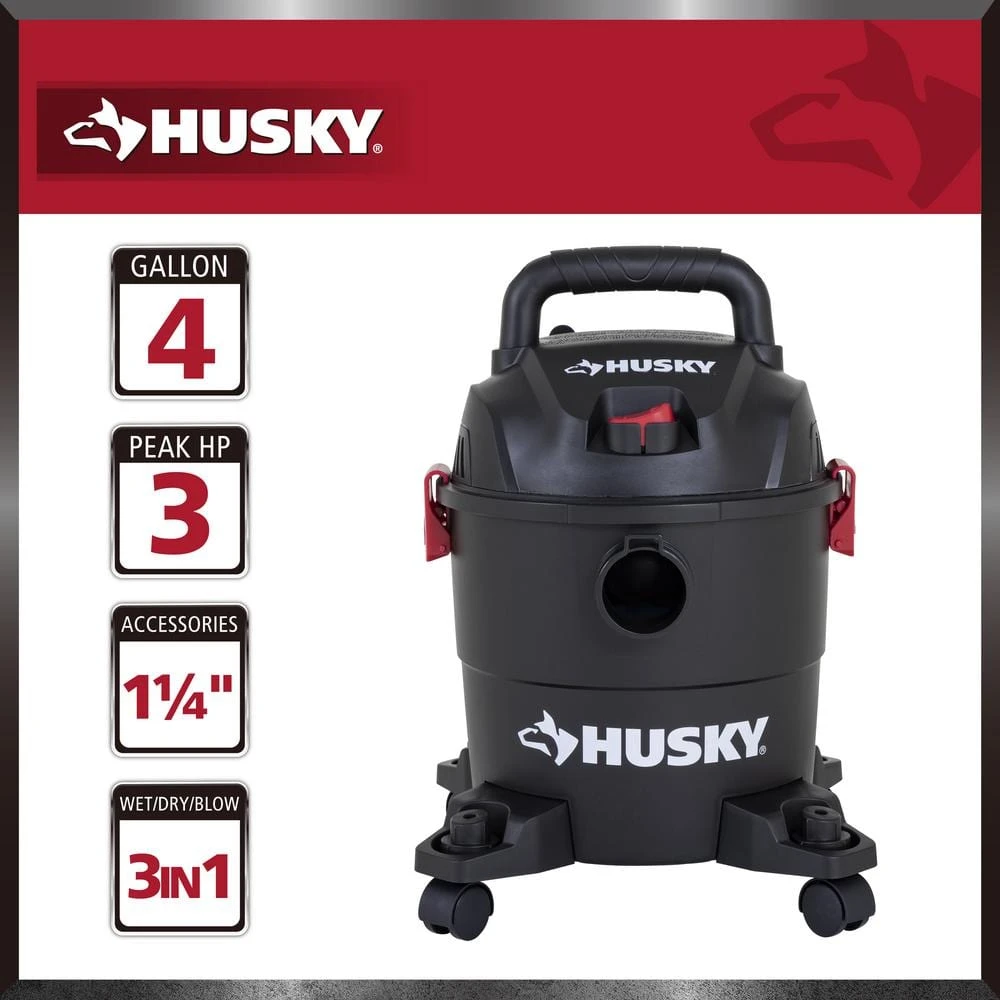 Husky 4 Gallon 3.0 Peak HP Wet Dry Vac Shop Vacuum With Locking Hose, Wands, Filters, Crevice, Gulper And Floor Nozzles 8 Husky 4 Gallon 3.0 Peak HP Wet Dry Vac Shop Vacuum With Locking Hose, Wands, Filters, Crevice, Gulper And Floor Nozzles - Image 8