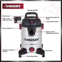 Husky 10 Gal. 6.0 Peak HP Stainless Steel Wet Dry Vac Shop Vacuum With Locking Hose, Filters, Dust Bag And Attachments -Husky Shop husky wet dry vacuums at18503 10c 1d 1000