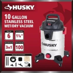 Husky 10 Gal. 6.0 Peak HP Stainless Steel Wet Dry Vac Shop Vacuum With Locking Hose, Filters, Dust Bag And Attachments -Husky Shop husky wet dry vacuums at18503 10c a0 1000