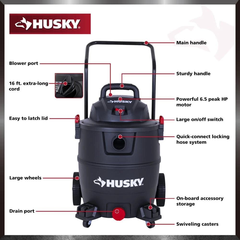Husky 16 Gallon 6.5 Peak HP Wet Dry Vac Shop Vacuum Cart With Locking Hose, Wands, Filters, Dust Bag And Accessory Attachments 5 Husky 16 Gallon 6.5 Peak HP Wet Dry Vac Shop Vacuum Cart With Locking Hose, Wands, Filters, Dust Bag And Accessory Attachments - Image 5