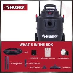 Husky 16 Gallon 6.5 Peak HP Wet Dry Vac Shop Vacuum Cart With Locking Hose, Wands, Filters, Dust Bag And Accessory Attachments 14 Husky 16 Gallon 6.5 Peak HP Wet Dry Vac Shop Vacuum Cart With Locking Hose, Wands, Filters, Dust Bag And Accessory Attachments -Husky Shop husky wet dry vacuums at18621p 16a 66 1000