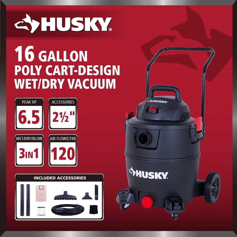 Husky 16 Gallon 6.5 Peak HP Wet Dry Vac Shop Vacuum Cart With Locking Hose, Wands, Filters, Dust Bag And Accessory Attachments 4 Husky 16 Gallon 6.5 Peak HP Wet Dry Vac Shop Vacuum Cart With Locking Hose, Wands, Filters, Dust Bag And Accessory Attachments - Image 4