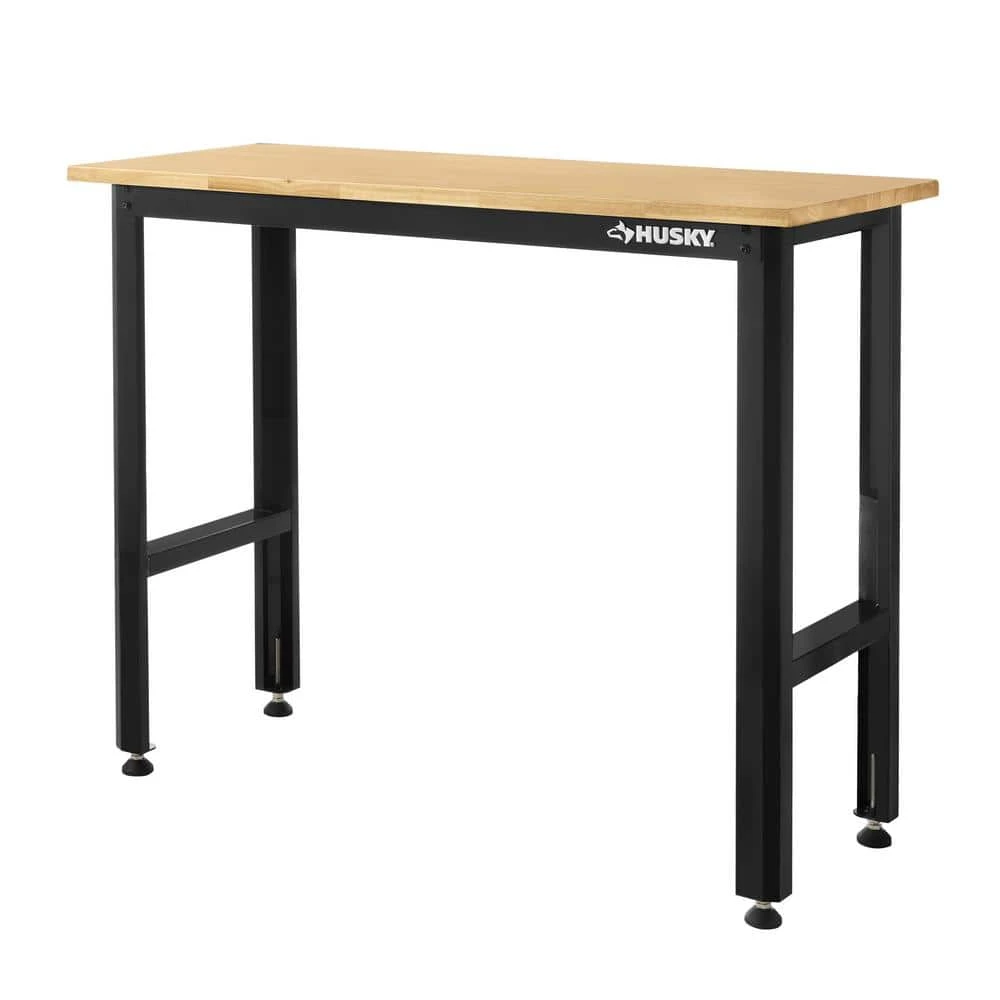 Husky Ready-To-Assemble 48 In. W X 20 In. D Solid Wood Top Workbench In Black 1 Husky Ready-To-Assemble 48 In. W X 20 In. D Solid Wood Top Workbench In Black