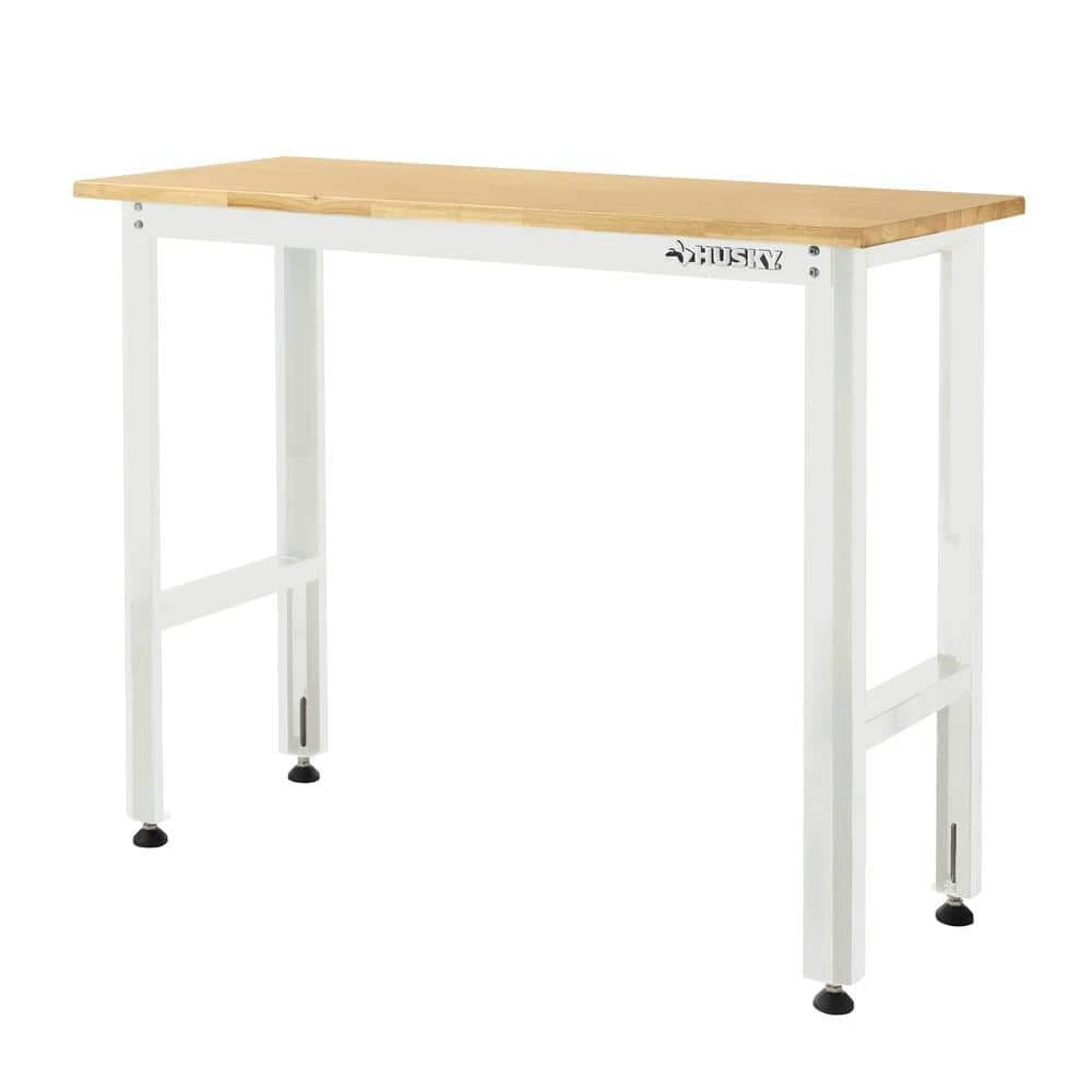 Husky Ready-To-Assemble 48 In. W X 20 In. D Solid Wood Top Workbench In White 1 Husky Ready-To-Assemble 48 In. W X 20 In. D Solid Wood Top Workbench In White