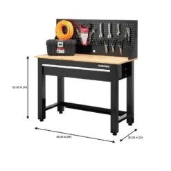 Husky 48 In. W X 20 In. D 1-Drawer Black Workbench With Pegboard And Solid Wood Top -Husky Shop husky workbenches g4801s us 76 1000