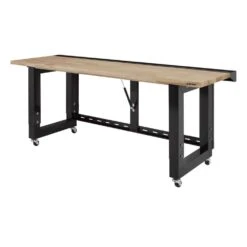 Husky Ready-To-Assemble 6 Ft. Folding Adjustable Height Solid Wood Top Workbench In Black