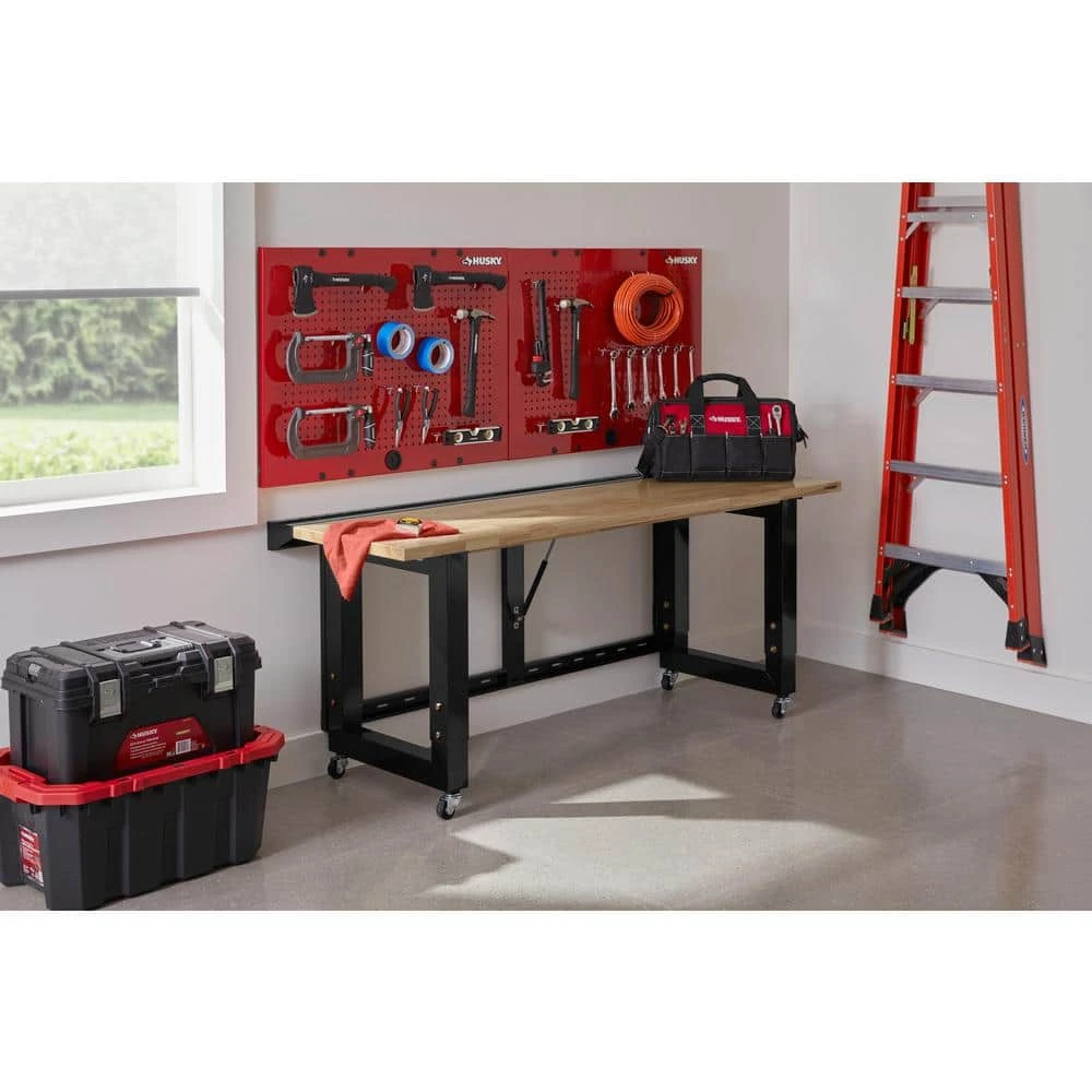 Husky Ready-To-Assemble 6 Ft. Folding Adjustable Height Solid Wood Top Workbench In Black 2 Husky Ready-To-Assemble 6 Ft. Folding Adjustable Height Solid Wood Top Workbench In Black - Image 2