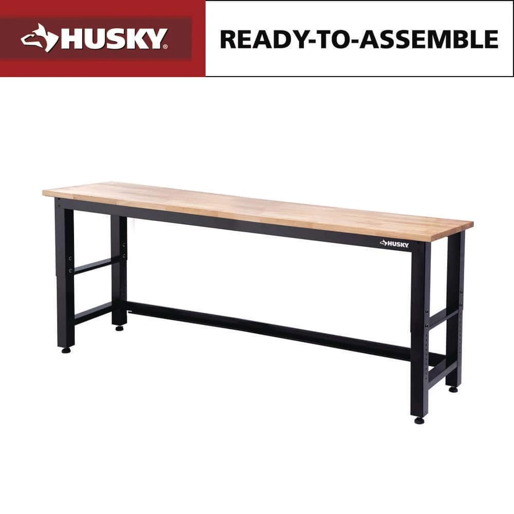 Husky 96 In. W X 24 In. D Adjustable Height Black Workbench, Solid Wood Top For Ready To Assemble Steel Garage Storage System 1 Husky 96 In. W X 24 In. D Adjustable Height Black Workbench, Solid Wood Top For Ready To Assemble Steel Garage Storage System