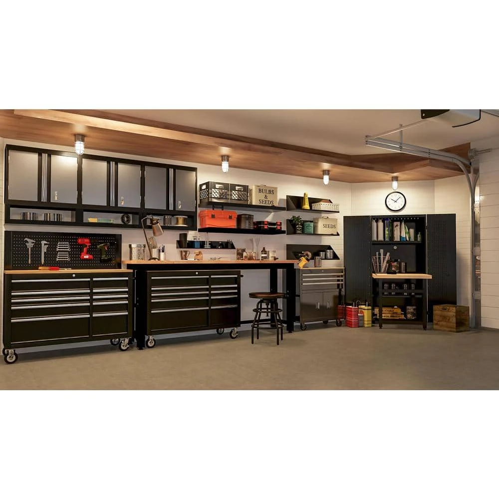 Husky 96 In. W X 24 In. D Adjustable Height Black Workbench, Solid Wood Top For Ready To Assemble Steel Garage Storage System 2 Husky 96 In. W X 24 In. D Adjustable Height Black Workbench, Solid Wood Top For Ready To Assemble Steel Garage Storage System - Image 2
