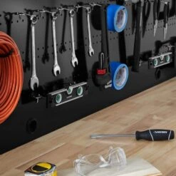 Husky Ready-To-Assemble 96 In. W X 20 In. 3-Drawer Black Workbench With Solid Wood Top And Pegboard -Husky Shop husky workbenches g9603s us a0 1000