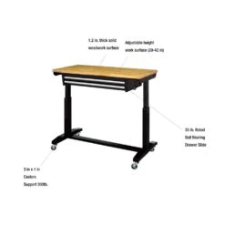 Husky Tool Storage 46 In. W X 24 In. D 2-Drawer Adjustable Height Black Worktable With Solid Wood Top -Husky Shop husky workbenches holt4602b12 1d 1000