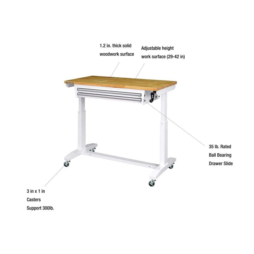 Husky 46 In. W X 24 In. D 2-Drawer Adjustable Height White Worktable With Solid Wood Top 5 Husky 46 In. W X 24 In. D 2-Drawer Adjustable Height White Worktable With Solid Wood Top - Image 5