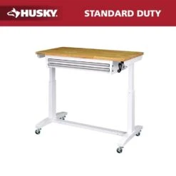 Husky 46 In. W X 24 In. D 2-Drawer Adjustable Height White Worktable With Solid Wood Top