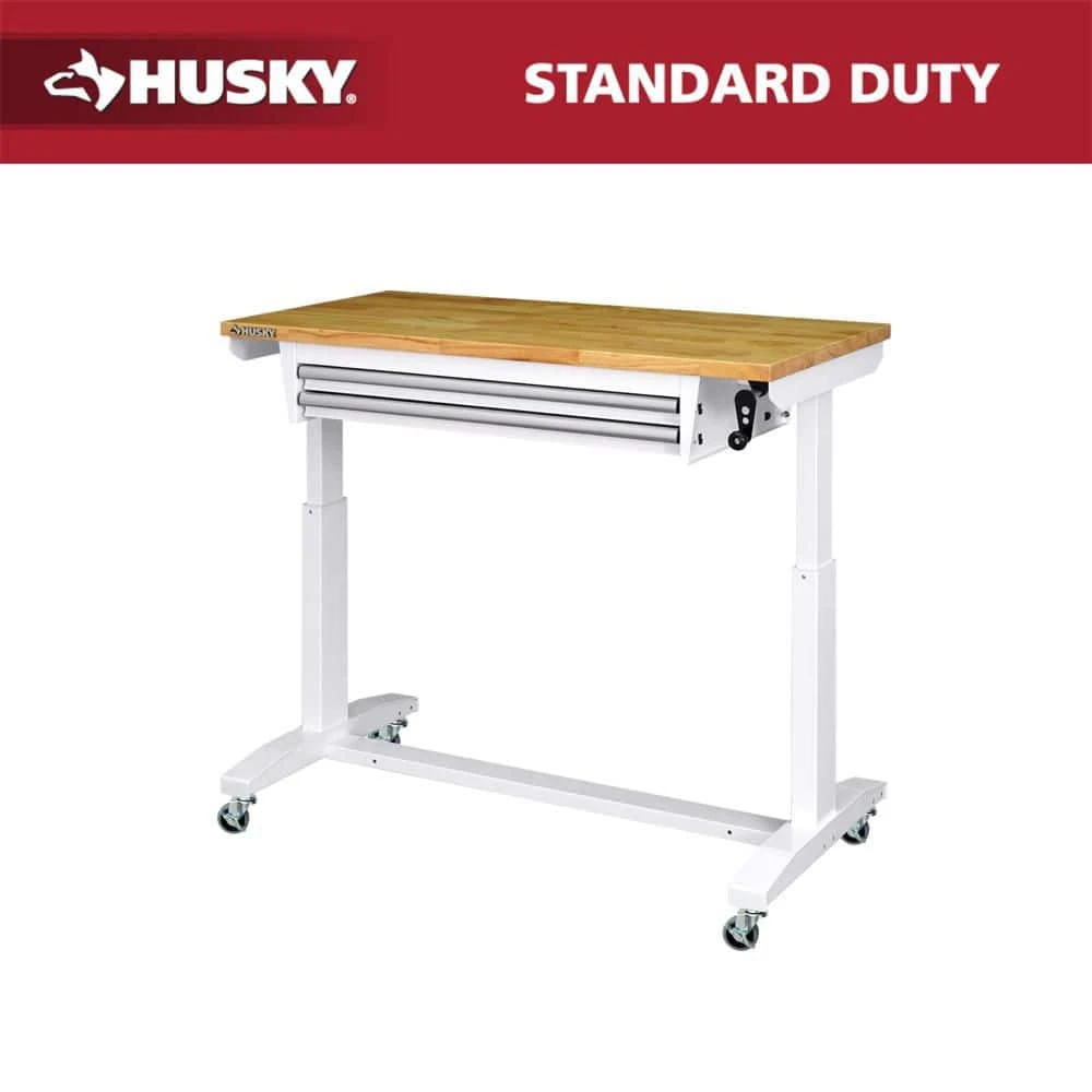 Husky 46 In. W X 24 In. D 2-Drawer Adjustable Height White Worktable With Solid Wood Top 1 Husky 46 In. W X 24 In. D 2-Drawer Adjustable Height White Worktable With Solid Wood Top