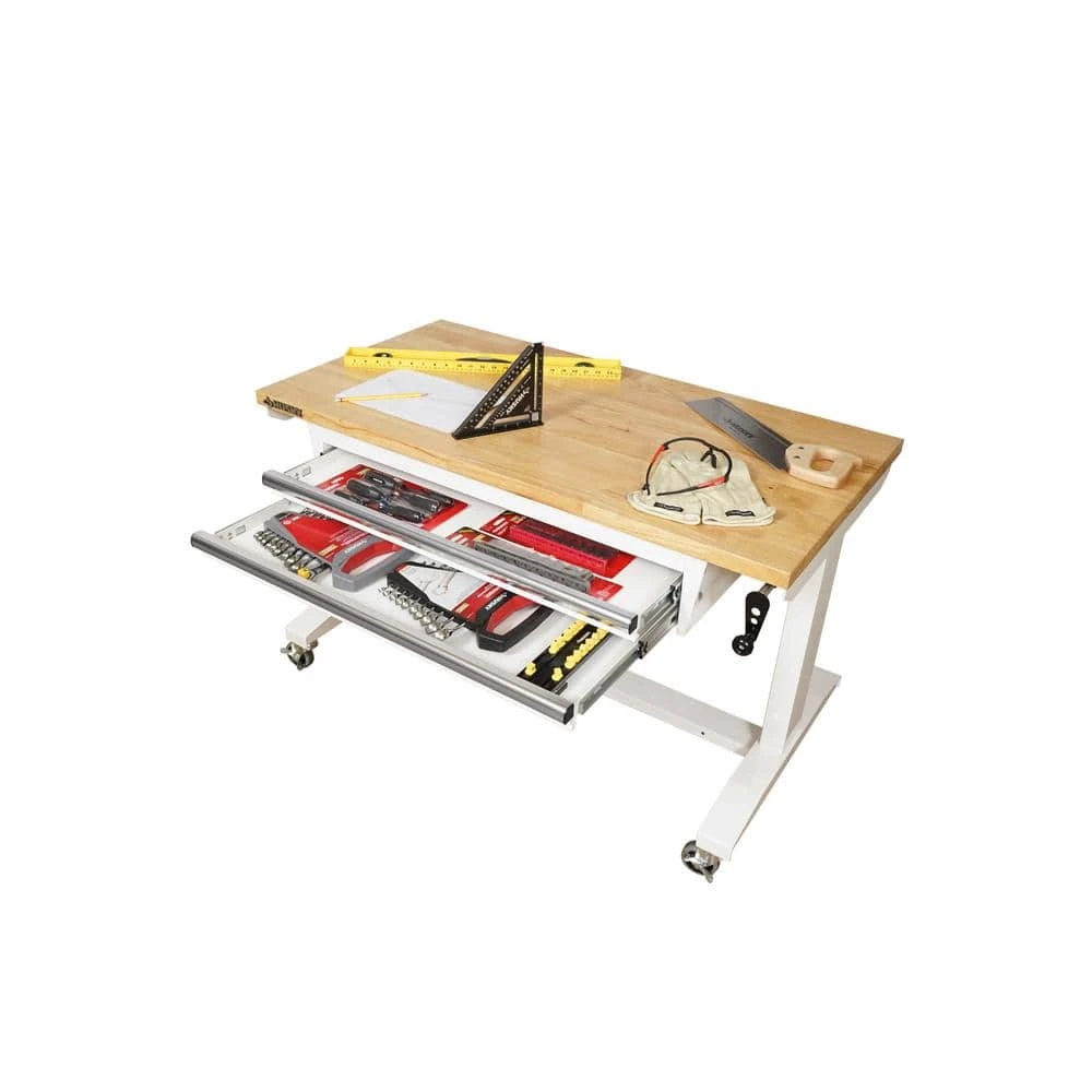 Husky 46 In. W X 24 In. D 2-Drawer Adjustable Height White Worktable With Solid Wood Top 6 Husky 46 In. W X 24 In. D 2-Drawer Adjustable Height White Worktable With Solid Wood Top - Image 6