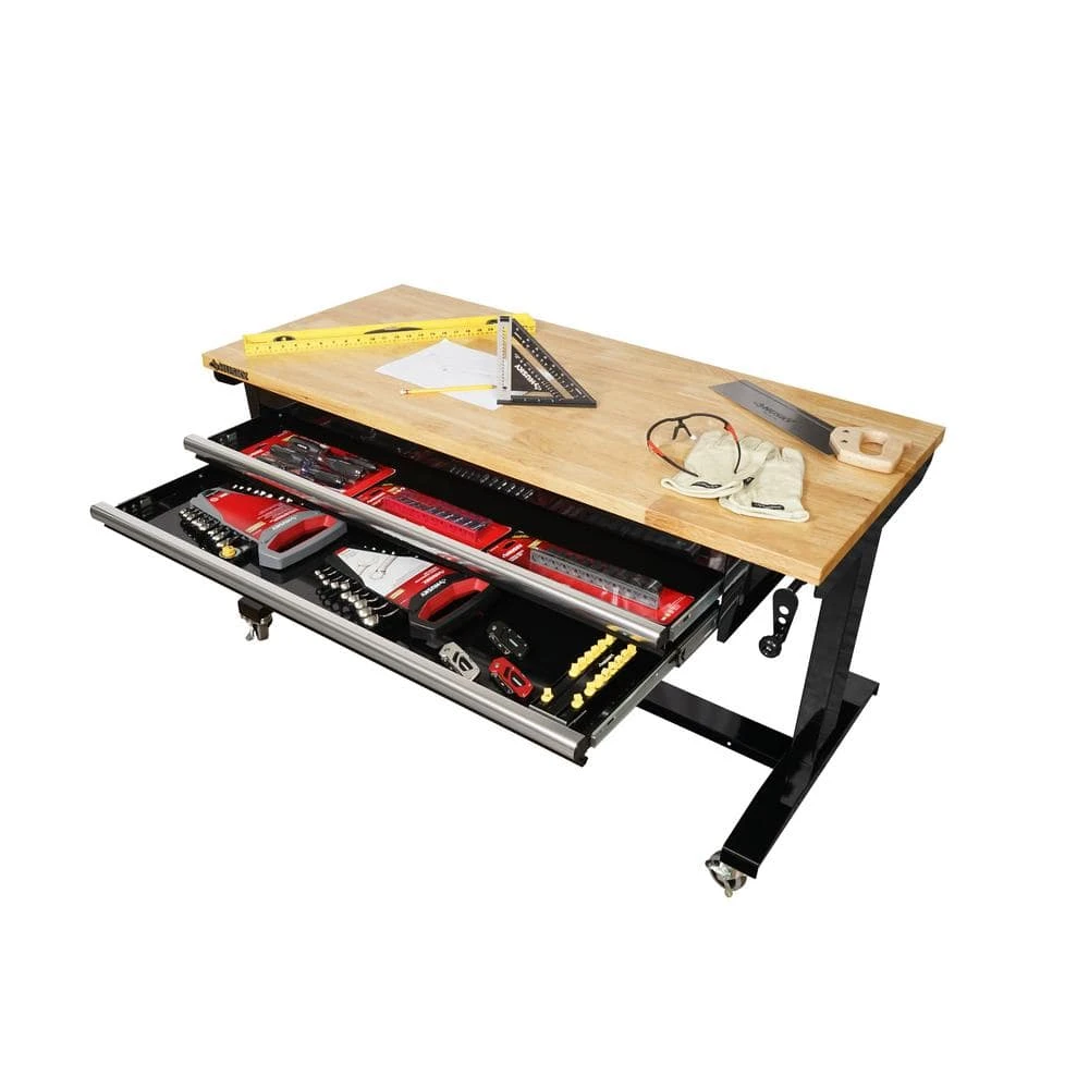 Husky 52 In. W X 24 In. D 2-Drawer Adjustable Height Blaxk Work Table With Solid Wood Top 5 Husky 52 In. W X 24 In. D 2-Drawer Adjustable Height Blaxk Work Table With Solid Wood Top - Image 5