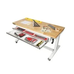 Husky 52 In. W X 24 In. D 2-Drawer Adjustable Height White Workbench Table With Solid Wood Top -Husky Shop husky workbenches holt5202bj2 44 1000