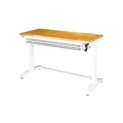 Husky 52 In. W X 24 In. D 2-Drawer Adjustable Height White Workbench Table With Solid Wood Top -Husky Shop husky workbenches holt5202bj2 fa 1000