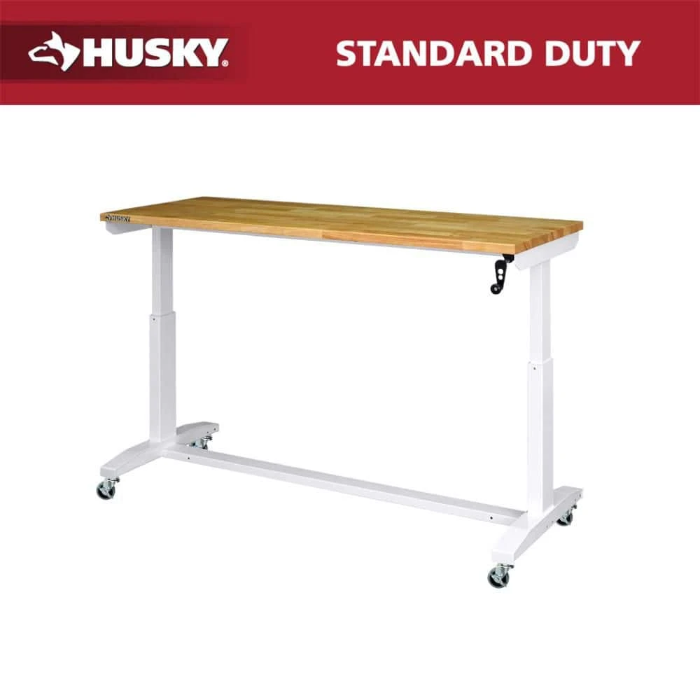 Husky 62 In. W X 24 In. D Adjustable Height White Worktable With Solid Wood Top 1 Husky 62 In. W X 24 In. D Adjustable Height White Worktable With Solid Wood Top