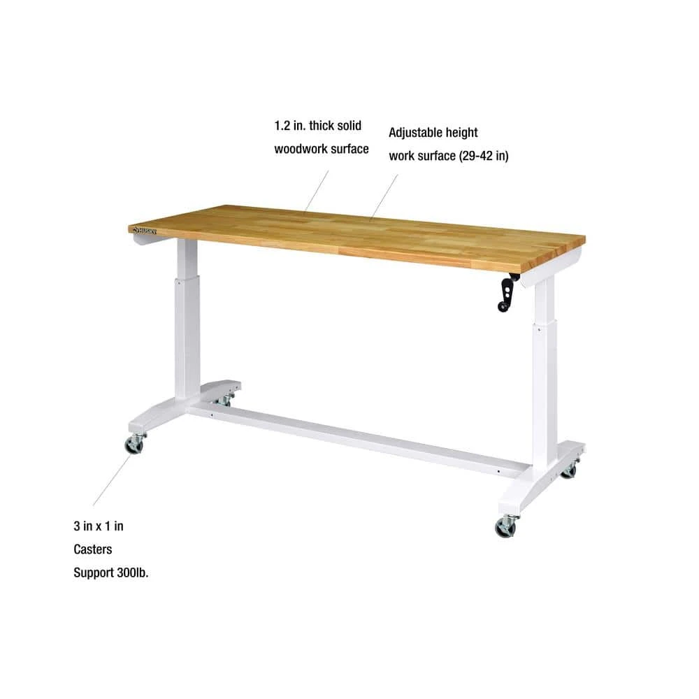 Husky 62 In. W X 24 In. D Adjustable Height White Worktable With Solid Wood Top 2 Husky 62 In. W X 24 In. D Adjustable Height White Worktable With Solid Wood Top - Image 2