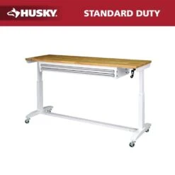 Husky 72 In. W X 24 In. D 2-Drawer Adjustable Height White Worktable With Solid Wood Top