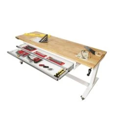 Husky 72 In. W X 24 In. D 2-Drawer Adjustable Height White Worktable With Solid Wood Top -Husky Shop husky workbenches holt7202bj2 66 1000
