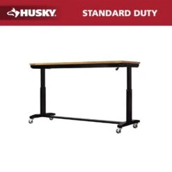 Husky 72 In. W X 24 In. D Adjustable Height Black Worktable With Solid Wood Top