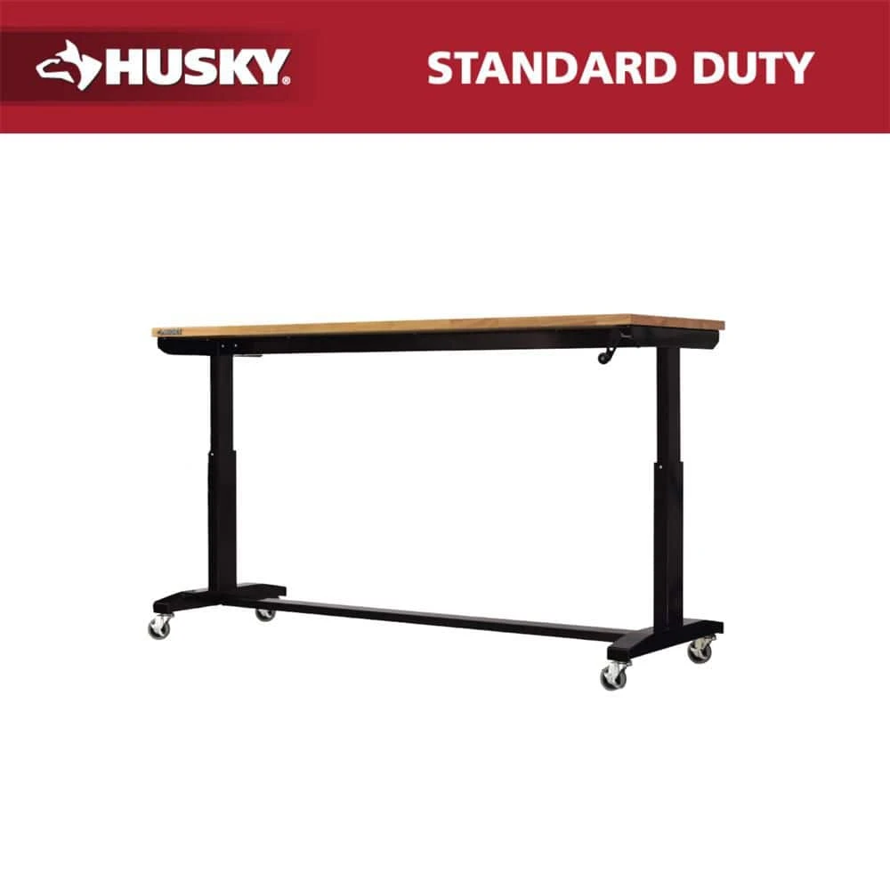 Husky 72 In. W X 24 In. D Adjustable Height Black Worktable With Solid Wood Top 1 Husky 72 In. W X 24 In. D Adjustable Height Black Worktable With Solid Wood Top