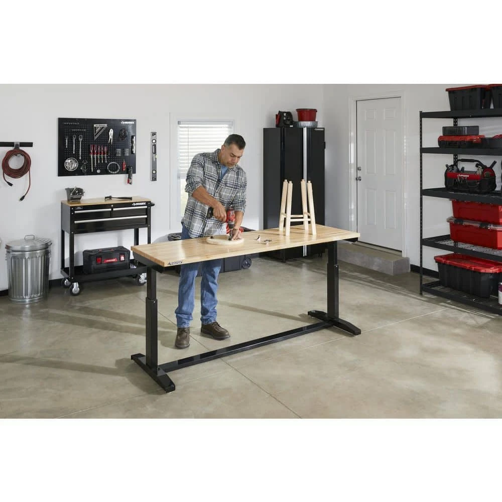 Husky 72 In. W X 24 In. D Adjustable Height Black Worktable With Solid Wood Top 6 Husky 72 In. W X 24 In. D Adjustable Height Black Worktable With Solid Wood Top - Image 6