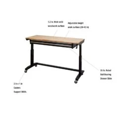 Husky 62 In. W X 24 In. D 2-Drawer Adjustable Height Black Workbench Table With Solid Wood Top -Husky Shop husky workbenches hotl6202b12 1d 1000