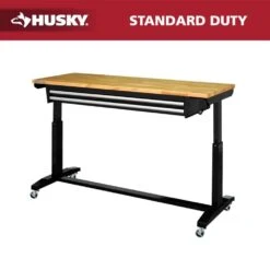 Husky 62 In. W X 24 In. D 2-Drawer Adjustable Height Black Workbench Table With Solid Wood Top