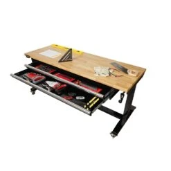 Husky 62 In. W X 24 In. D 2-Drawer Adjustable Height Black Workbench Table With Solid Wood Top -Husky Shop husky workbenches hotl6202b12 66 1000